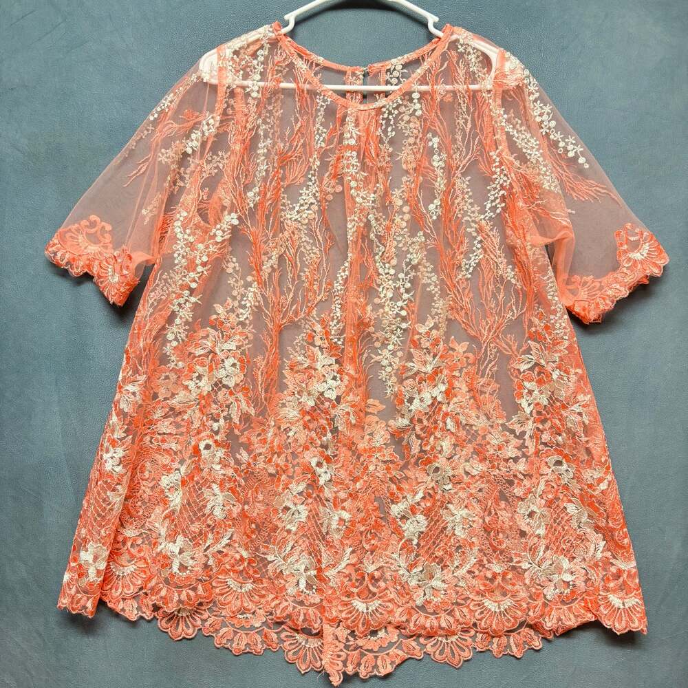 Womens 2X Coral Floral Embroidered Sheer Mesh Lace Tunic Top Boho Romantic
